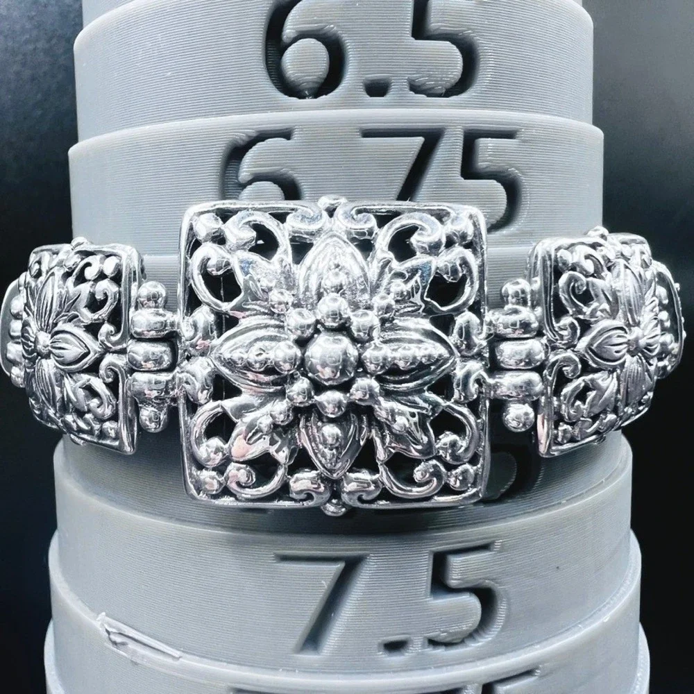 Sterling Silver Sarda Panel Bracelet Raised Square Floral Toggle Clasp Open Work
